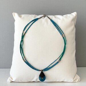 Vintage Teng Yue Turquoise Bead Necklace Sterling Silver Clasp Teardrop Pendant